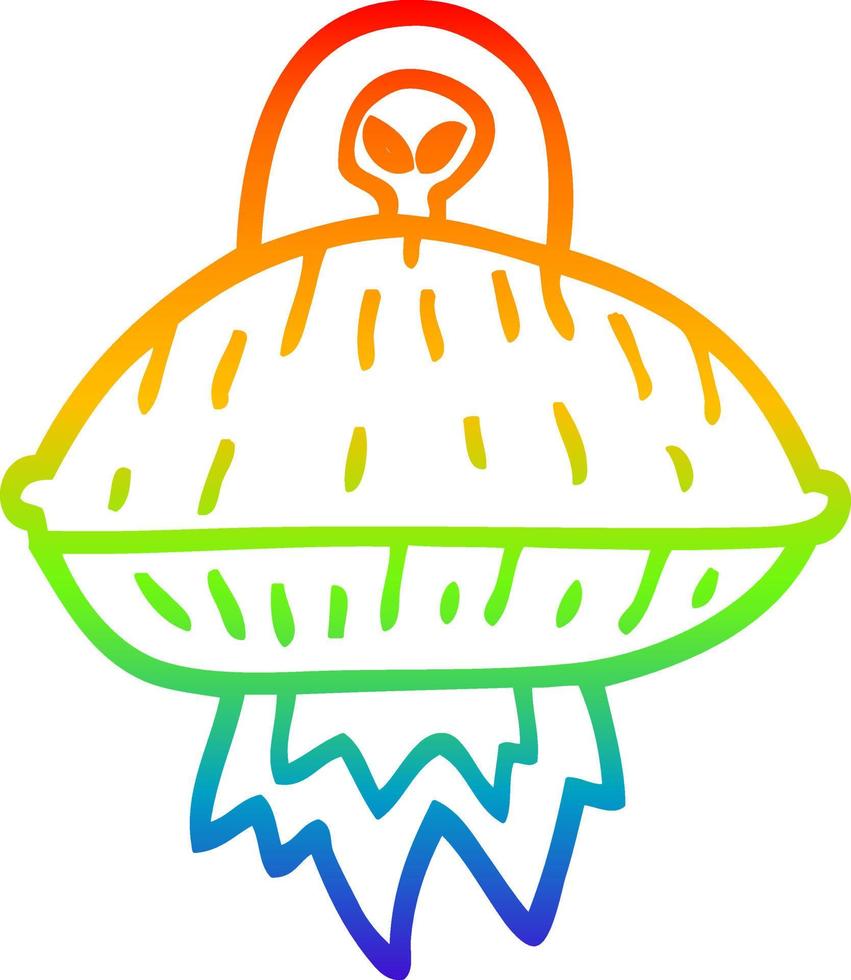 rainbow gradient line drawing cartoon alien spaceship vector