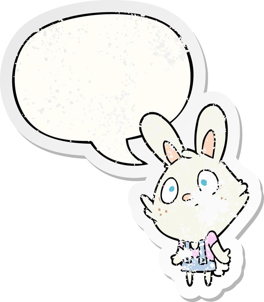 cute cartoon rabbit shrugging shoulders and speech bubble distressed sticker vector