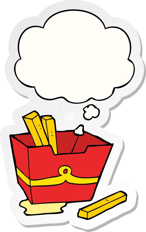 cartoon box of fries and thought bubble as a printed sticker vector