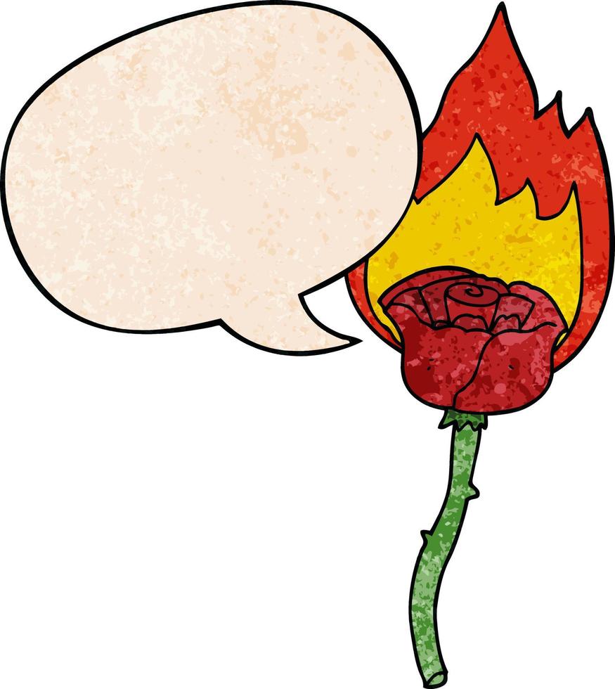 cartoon flaming rose and speech bubble in retro texture style vector