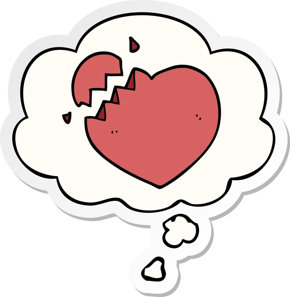 cartoon broken heart and thought bubble as a printed sticker vector