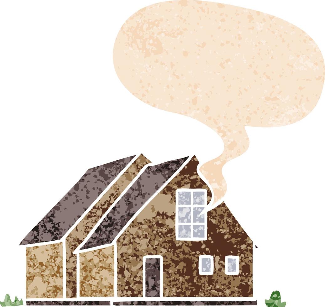 cartoon house and speech bubble in retro textured style vector