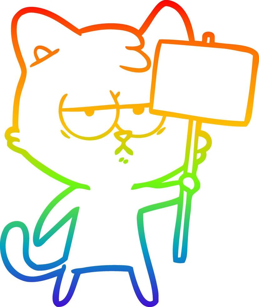 rainbow gradient line drawing bored cartoon cat with sign post vector