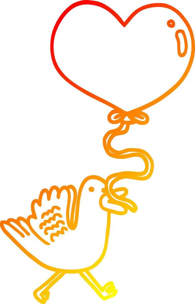 línea de gradiente cálido dibujo pájaro de dibujos animados con globo de corazón vector