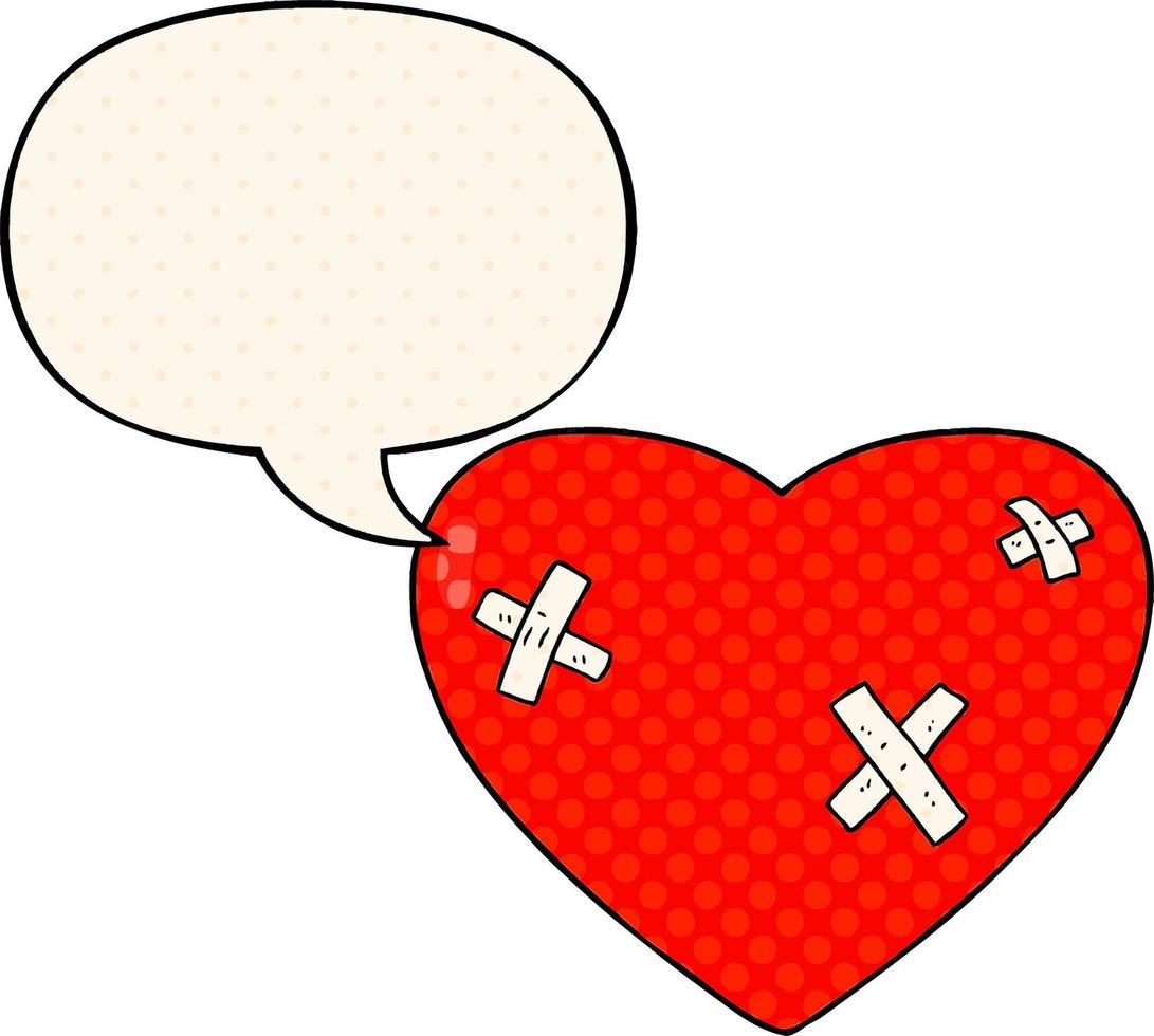 cartoon beaten up heart and speech bubble in comic book style vector