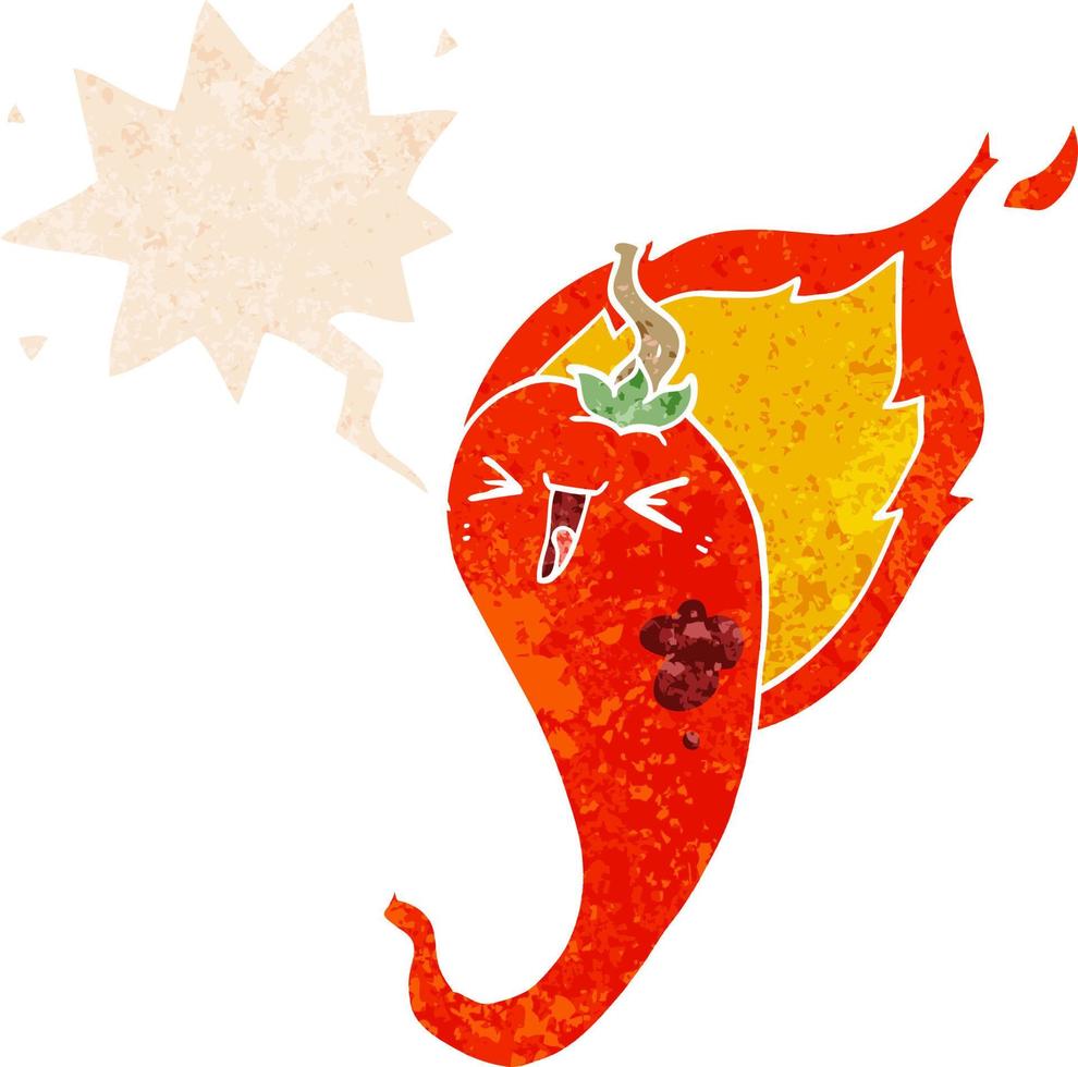 cartoon flaming hot chili pepper and speech bubble in retro textured style vector