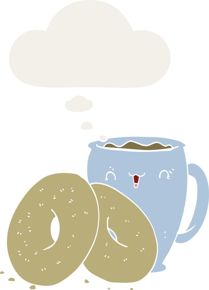 café de dibujos animados y donuts y burbujas de pensamiento en estilo retro vector