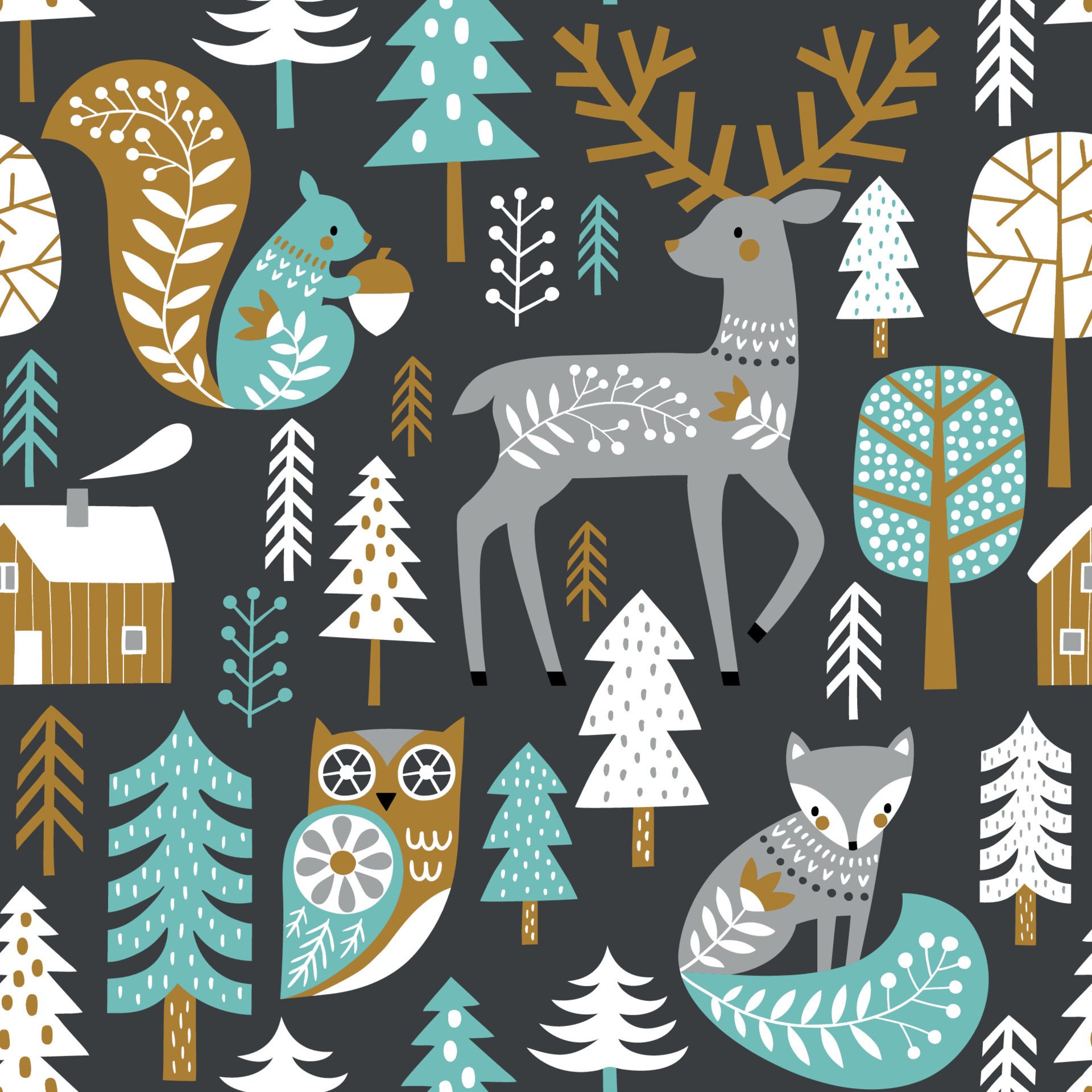 Seamless pattern with cute woodland animals and woods on dark grey