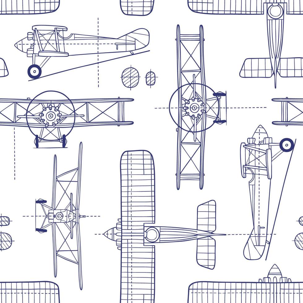 plano de avión vintage dibujado a mano. patrón sin costuras perfecto para el diseño textil, de papel pintado o de impresión. vector