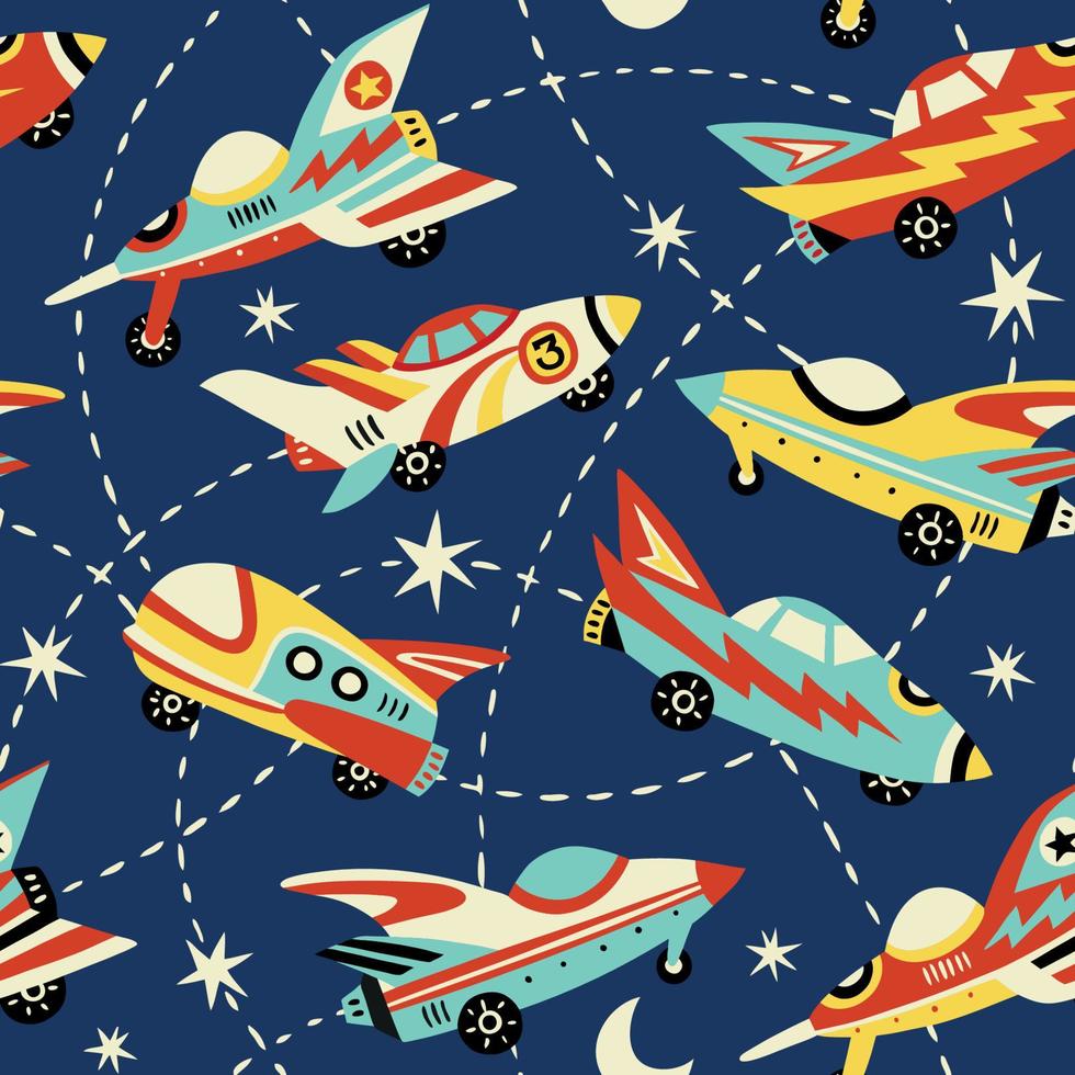 Hand drawn retro space crafts seamless pattern. Perfect for textile, wallpaper or print design. vector