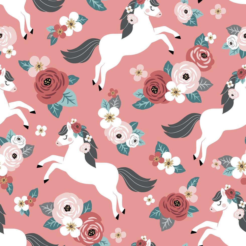 de patrones sin fisuras con lindo caballo sobre fondo floral vintage. perfecto para el diseño textil, de papel tapiz o de impresión. vector