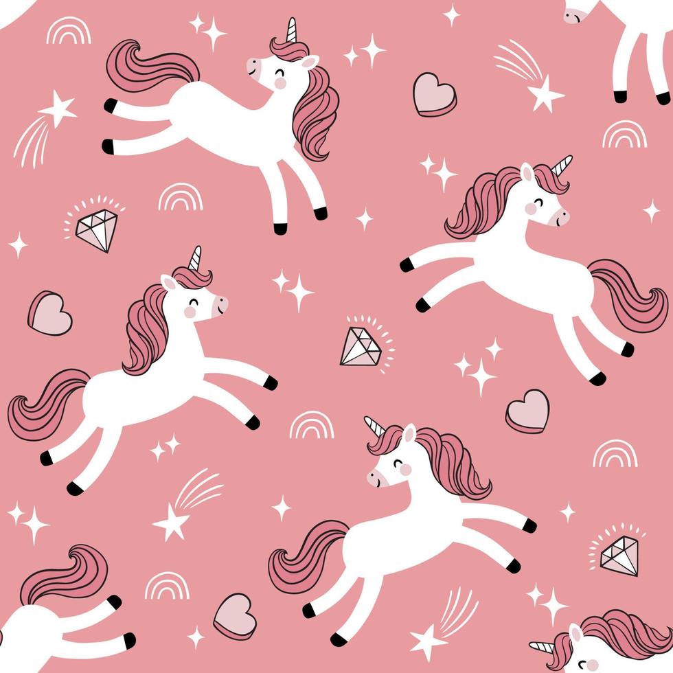 Seamless pattern with cute unicorns diamonds, hearts and rainbows. Perfect for textile, wallpaper or nursery print design. vector