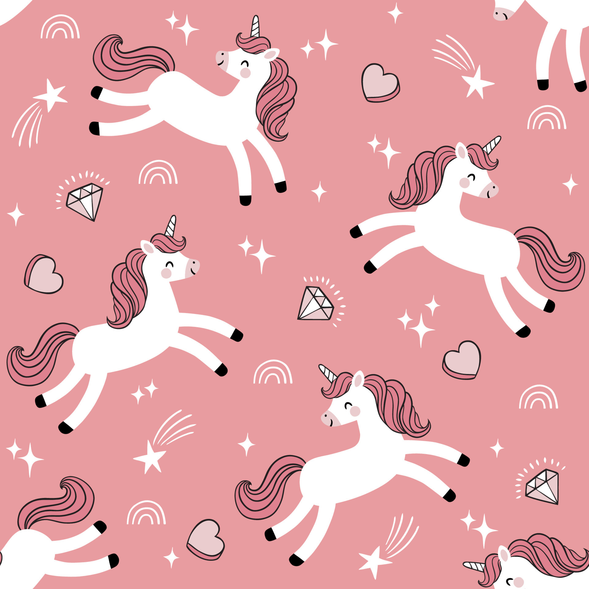 Seamless pattern with cute unicorns diamonds, hearts and rainbows