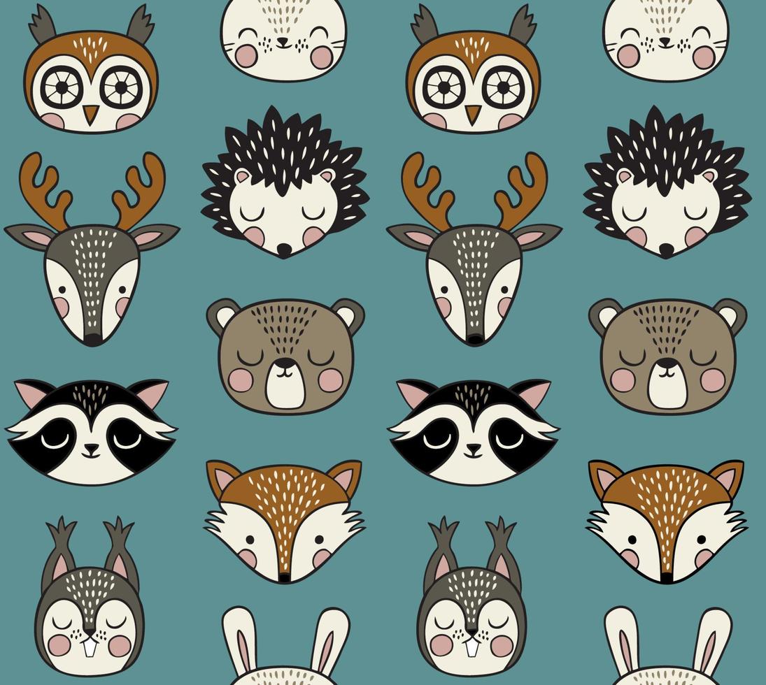 patrón impecable con lindas cabezas de animales del bosque. vector