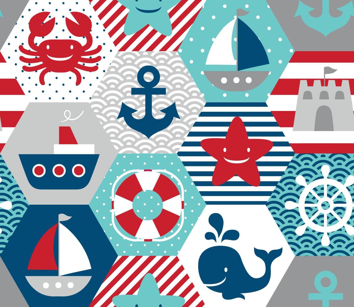 Seamless pattern with nautical theme and aquatic animals. vector