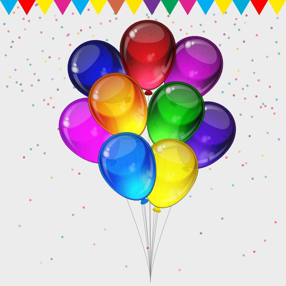 Fondo de vector de fiesta de cumpleaños - globos festivos coloridos de transparencia realista, confeti, cintas volando para tarjetas de celebraciones en fondo blanco aislado con espacio para el texto.