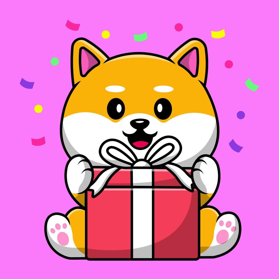 Cute Shiba Inu With Gift Box Cartoon Vector Icon Illustration. Animal Flat Cartoon Concept