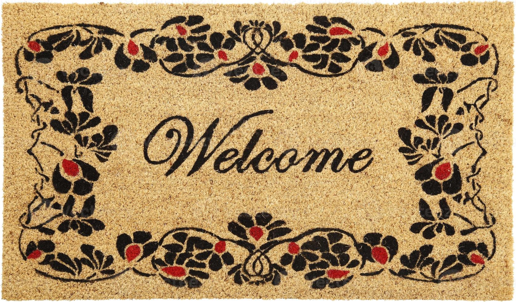 Beautiful welcome peach color coir doormat with flower border photo