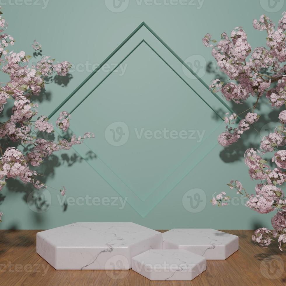 White marble podium showcase for product placement with blossom photo