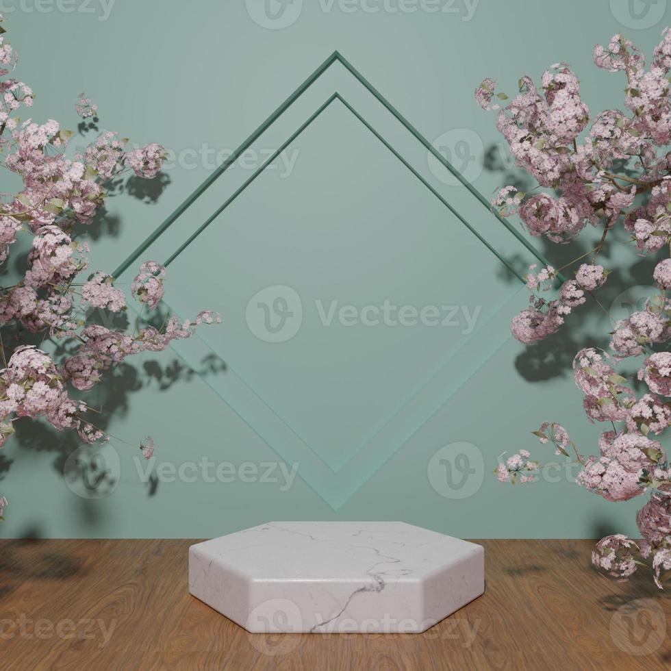 White marble podium showcase for product placement with blossom photo