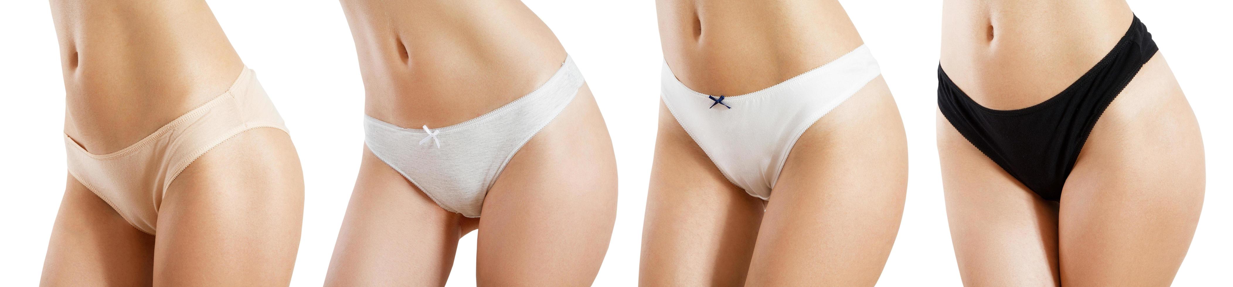 Women's panties on a woman's body. Panties set. female panties mockup isolated photo