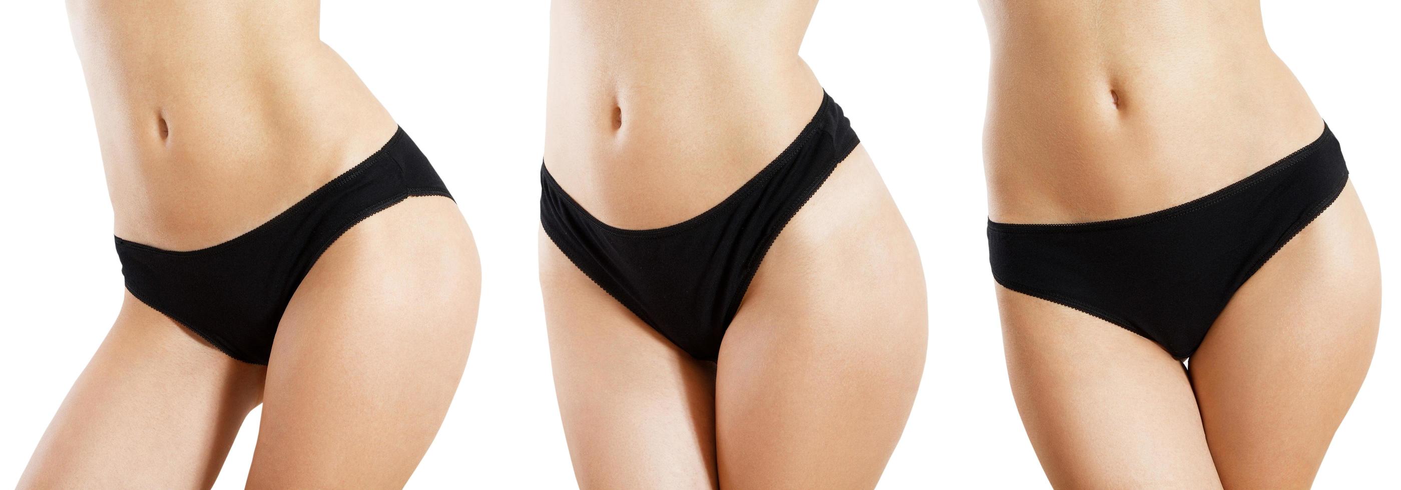 Women's panties on a woman's body. Panties set. female panties mockup isolated photo