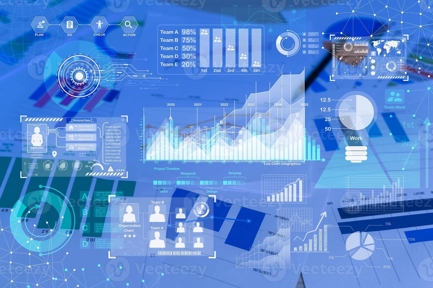 Background of documents with analytics data lying on table photo