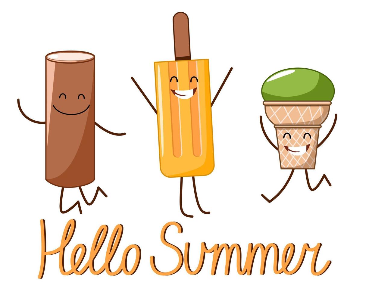 A postcard with the characters of a cheerful ice cream with the inscription hello summer. vector