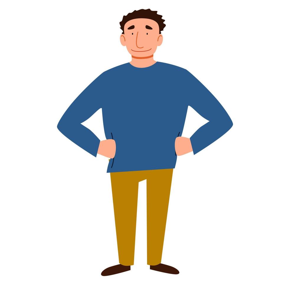 a dark-haired man with his hands on his waist. vector