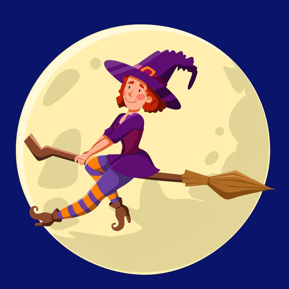 A pretty witch with red curly hair, flying at night on a broomstick. vector