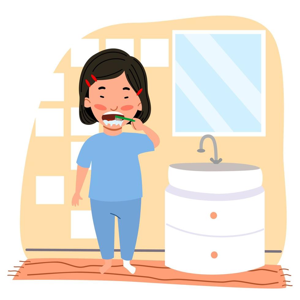 an Asian woman with short hair in pajamas is brushing her teeth in the bathroom. vector
