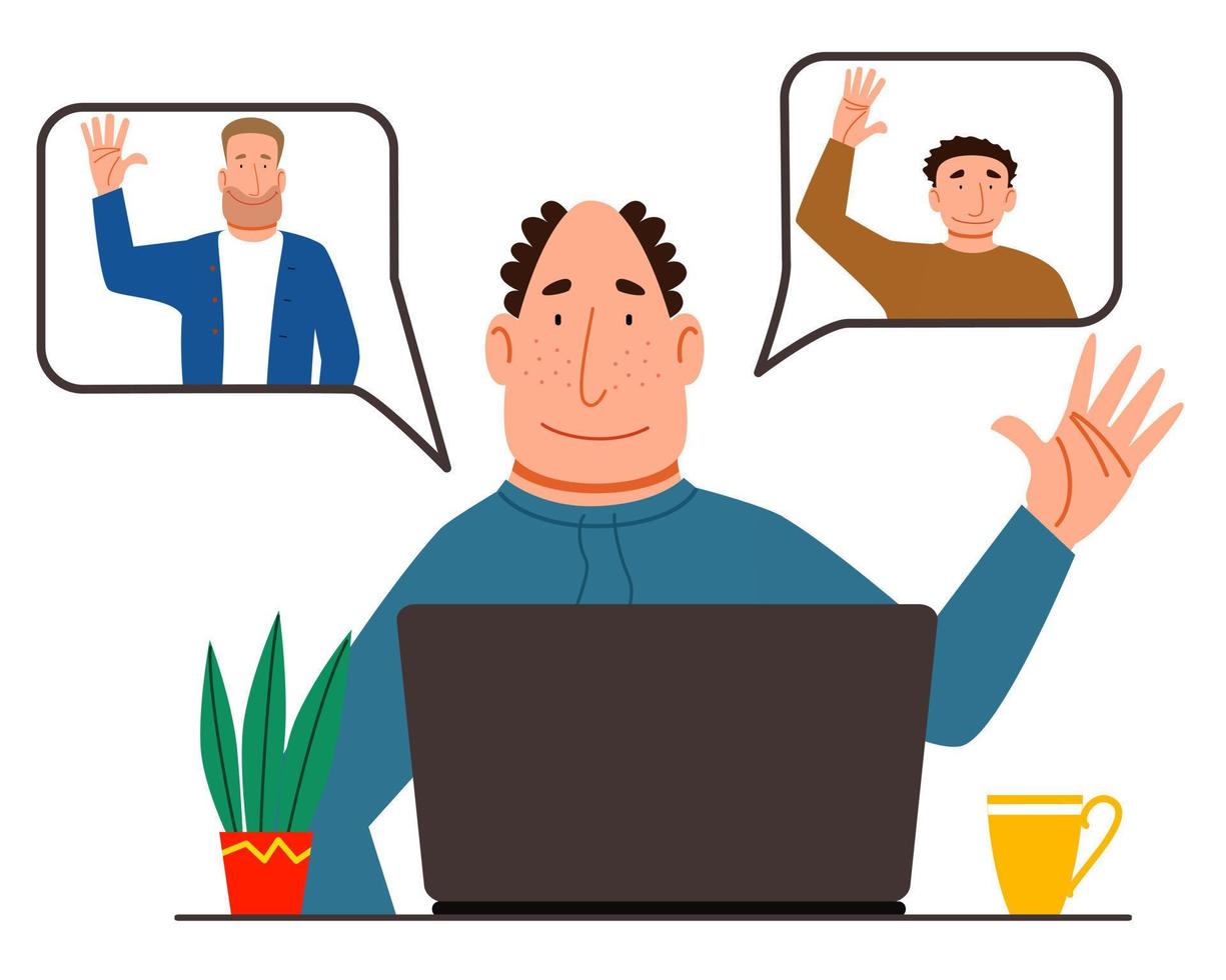 Illustration of a virtual meeting with different people who say hello. The concept of an online meeting with young men and women. vector
