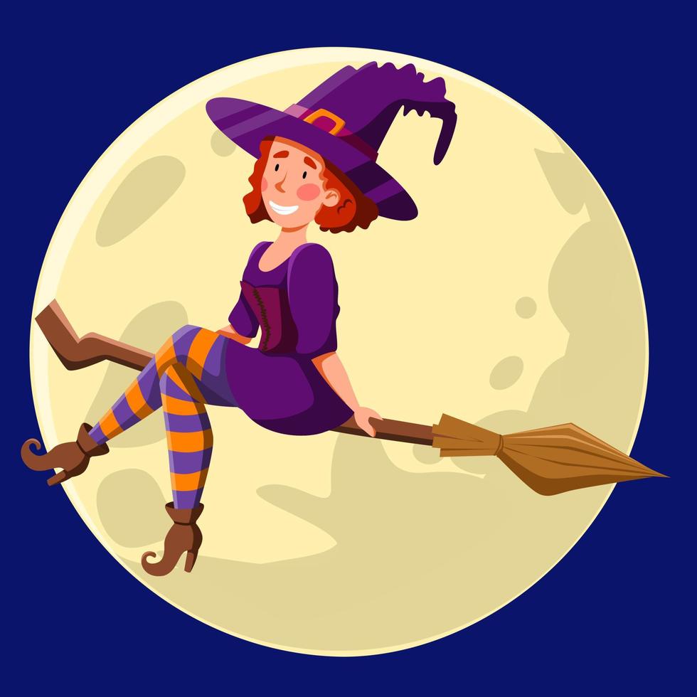 A pretty witch with red curly hair, flying at night on a broomstick. vector