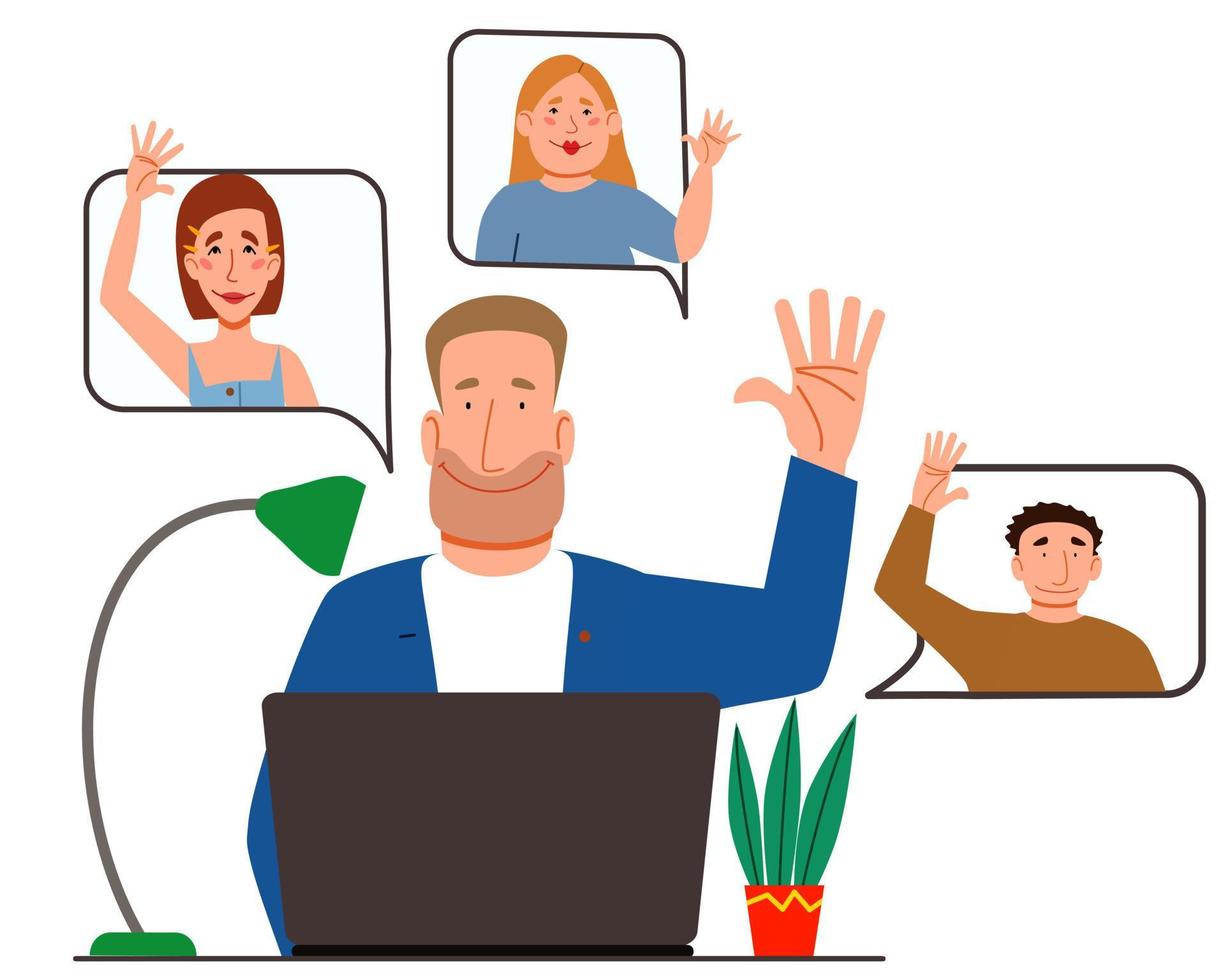 Illustration of a virtual meeting with different people who say hello. The concept of an online meeting with young men and women. vector