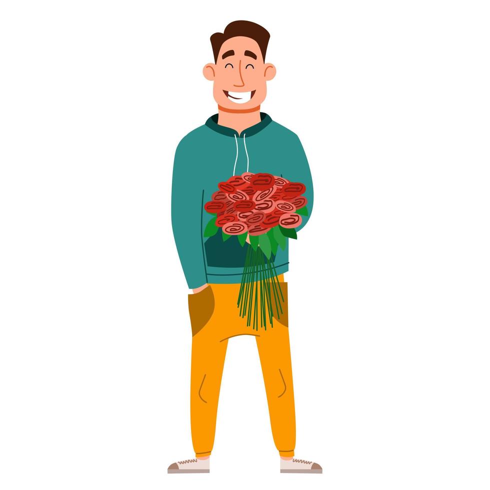 un apuesto hombre de cabello oscuro con flores en la mano. ilustración vectorial vector