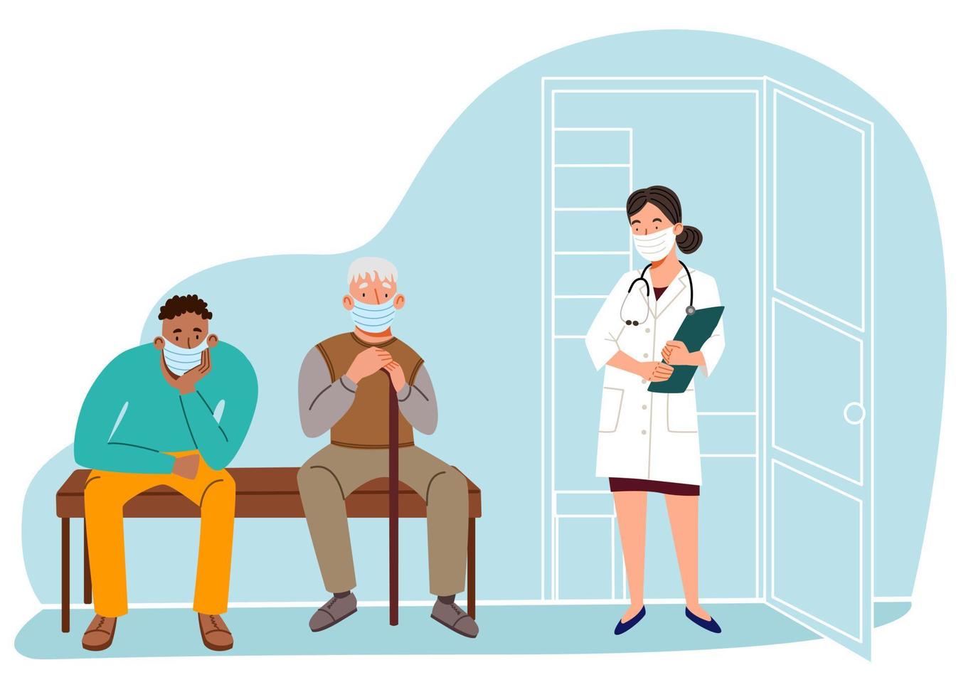 The doctor calls the patient to the office. masked people of different ages waiting in line. vector