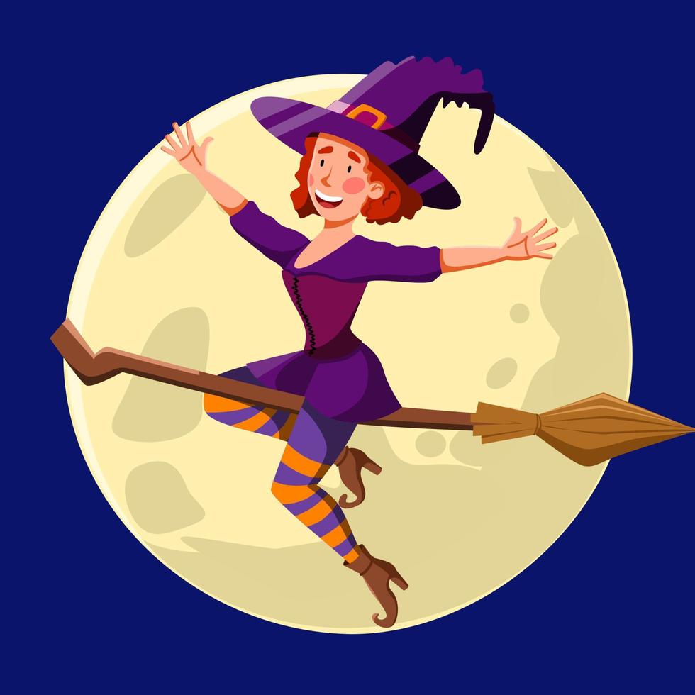 A pretty witch with red curly hair, flying at night on a broomstick. vector