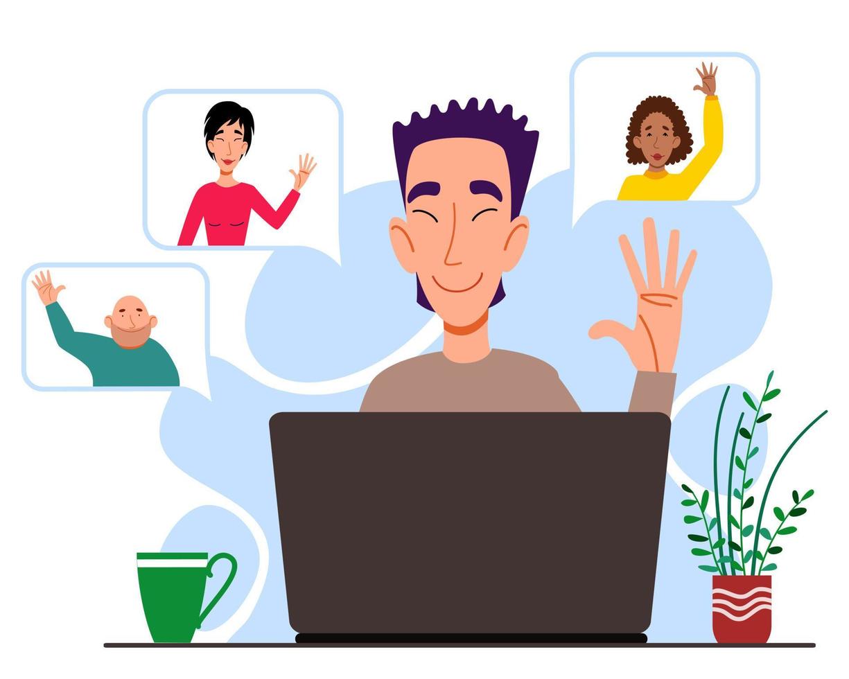 Illustration of a virtual meeting with different people who say hello. The concept of an online meeting with young men and women. vector