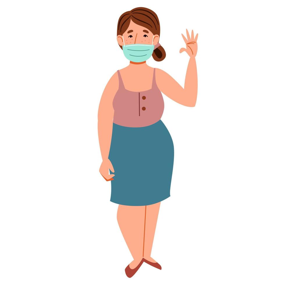 A fashionable plump girl in a medical mask greets. Friendly greeting of a young woman. vector