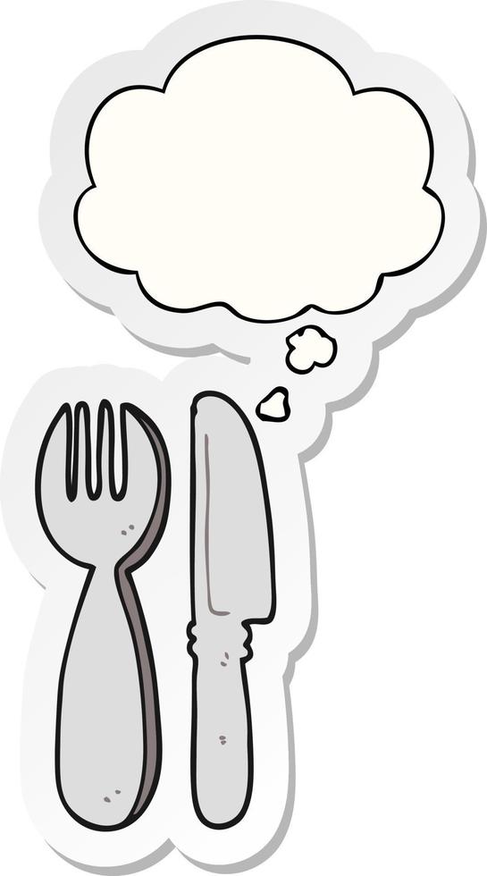 cartoon knife and fork and thought bubble as a printed sticker vector