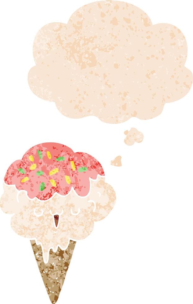 cartoon ice cream and thought bubble in retro textured style vector