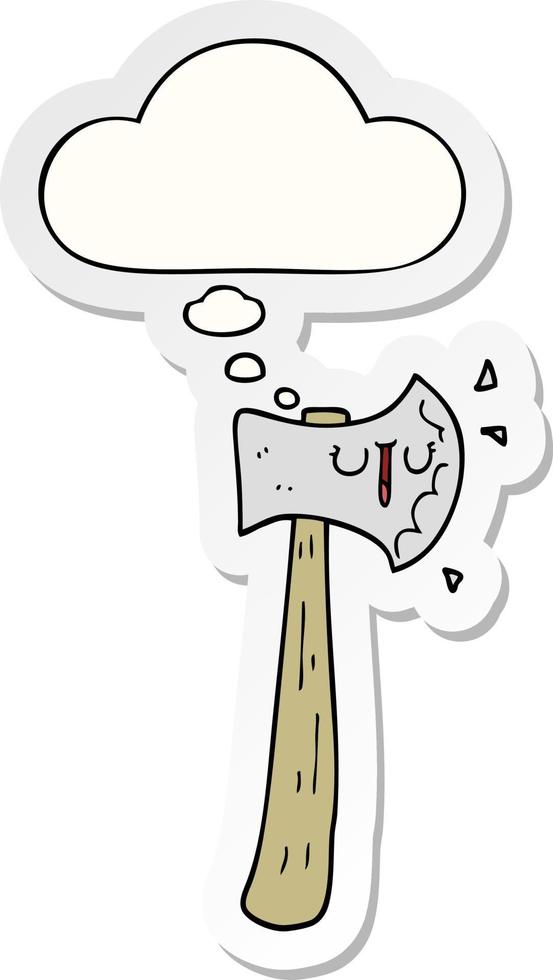 cartoon axe and thought bubble as a printed sticker vector