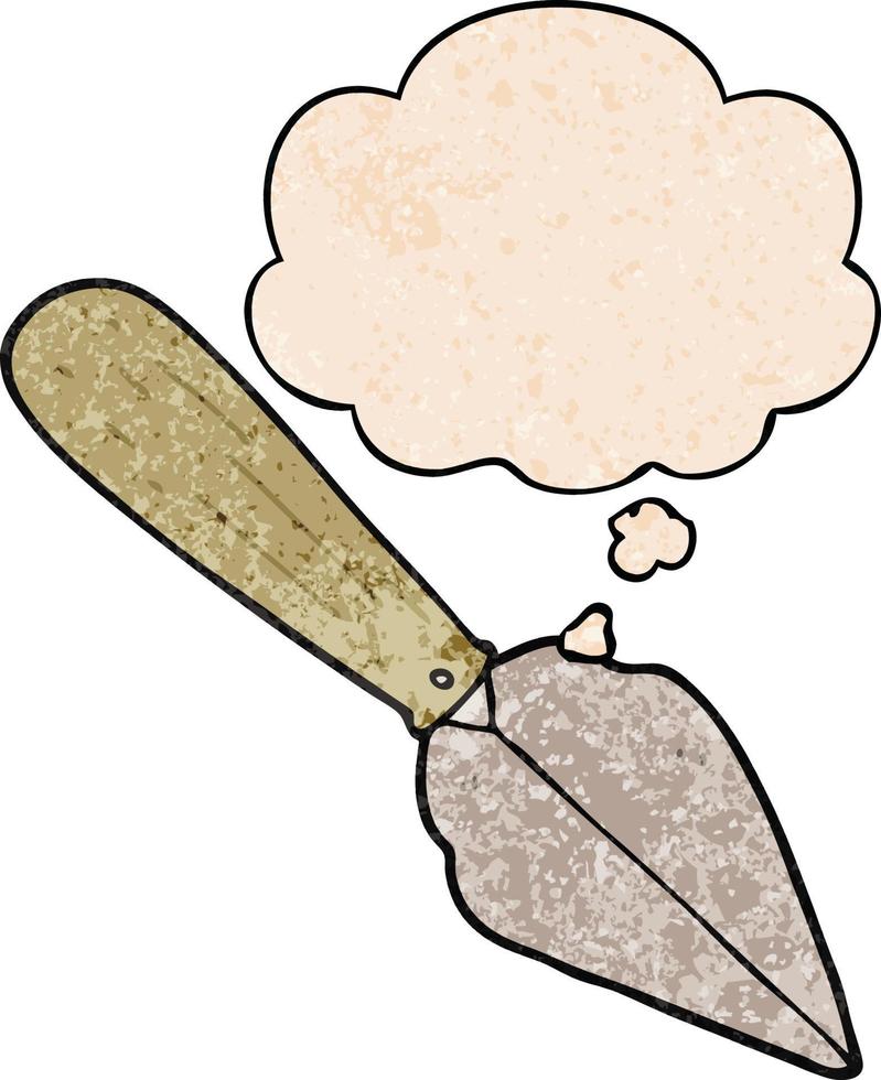cartoon garden trowel and thought bubble in grunge texture pattern style vector