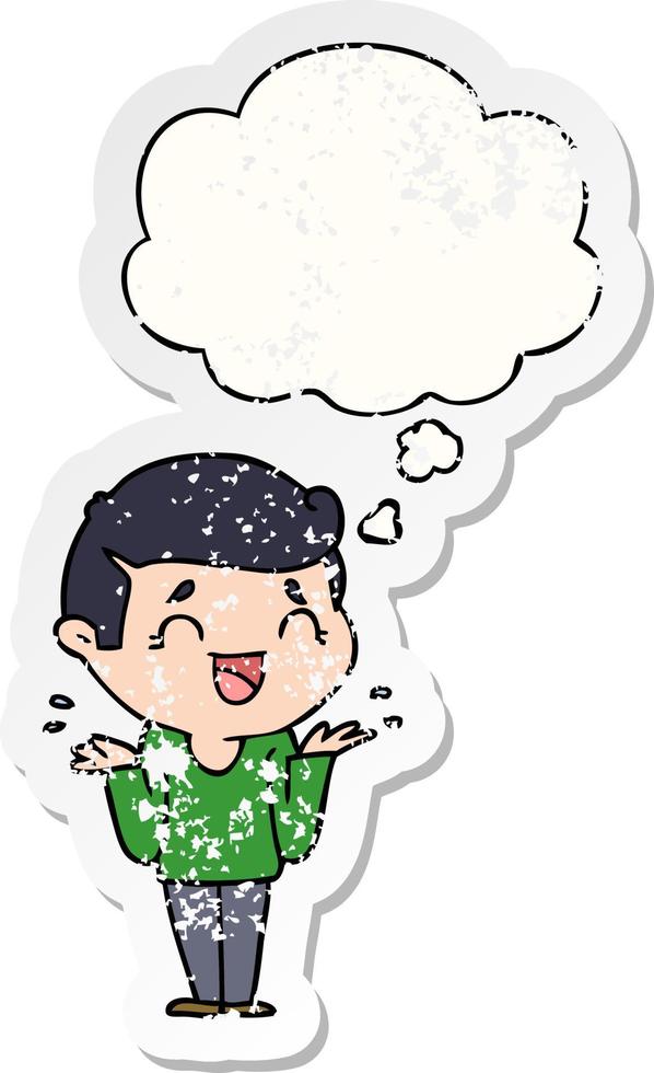 cartoon laughing confused man and thought bubble as a distressed worn sticker vector