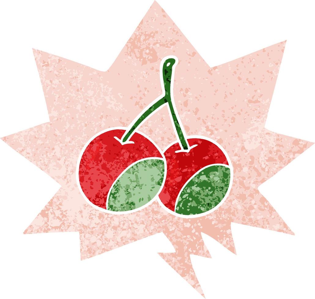 cartoon cherries and speech bubble in retro textured style vector
