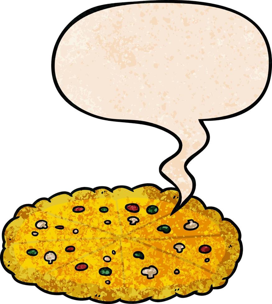 caricatura, doble queso, pizza, y, burbuja del discurso, en, retro, textura, estilo vector