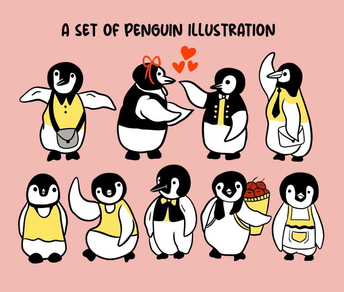 un conjunto de lindas ilustraciones de pingüinos vector