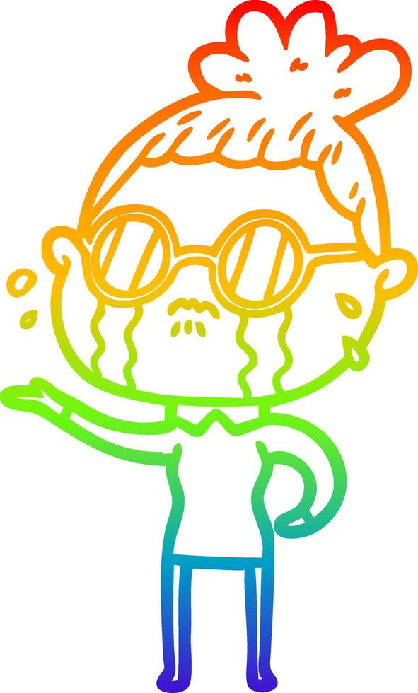 rainbow gradient line drawing cartoon crying woman wearing spectacles vector