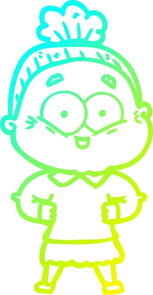 cold gradient line drawing cartoon happy old woman vector