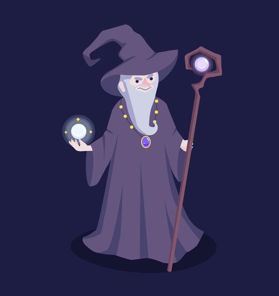 ilustración plana del mago sabio medieval en un sombrero vector